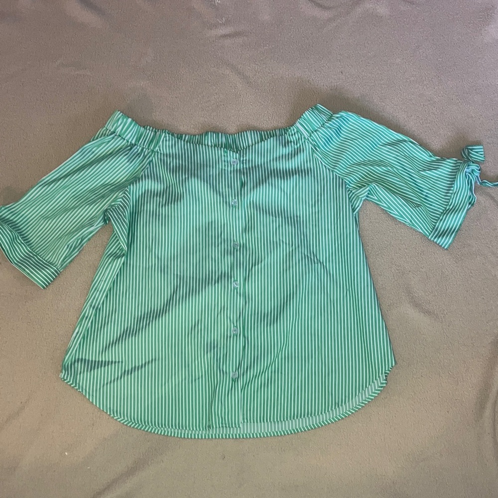 HAUTE PROJECT XL Green & White Striped, Off the Shoulder, Cotton Blend Top‎
